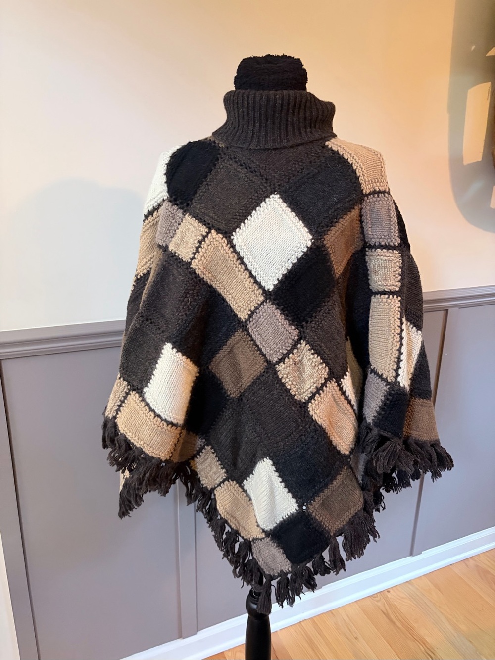 Ralph Lauren Turtleneck Patchwork Fringe Poncho Sweater - Black and Neutral